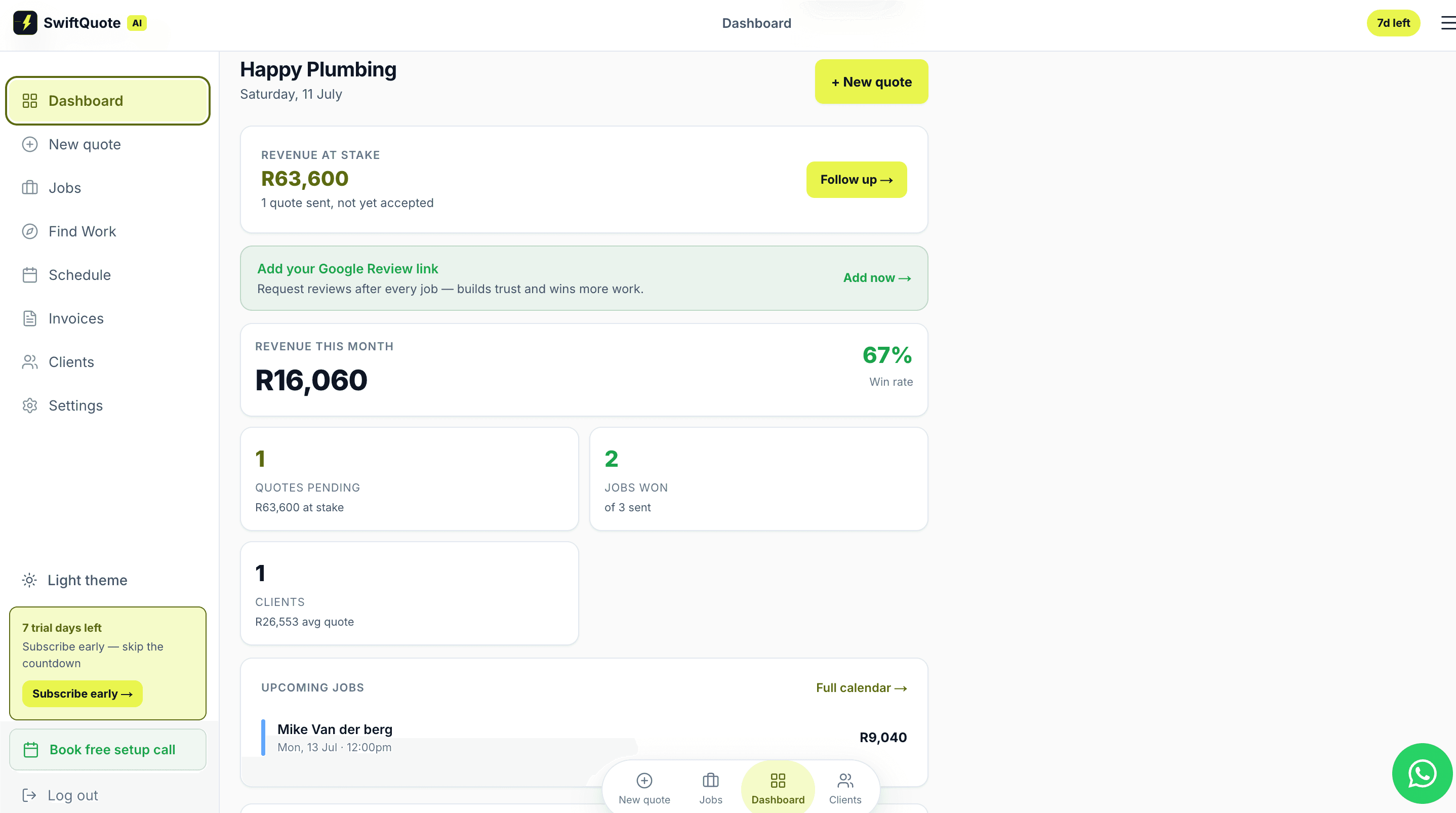 SwiftQuote AI dashboard showing revenue at stake, win rate and upcoming jobs