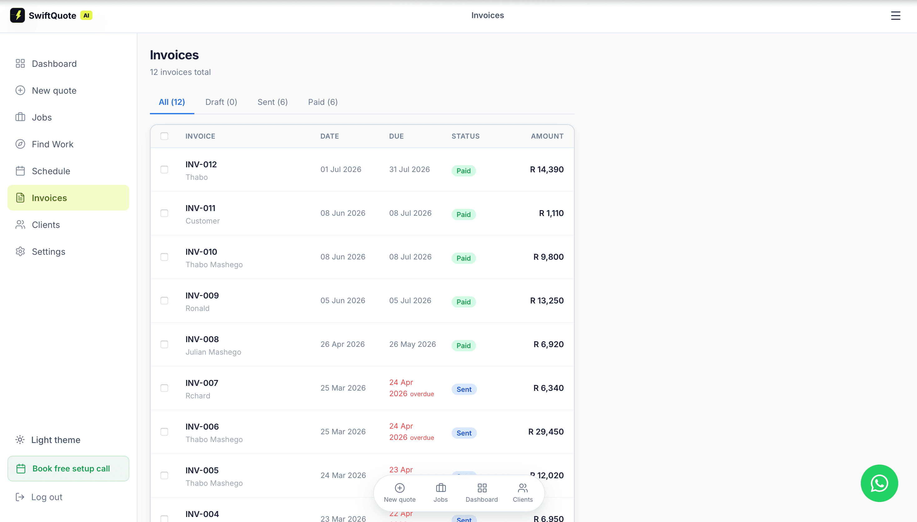 SwiftQuote AI invoices list with paid and overdue status